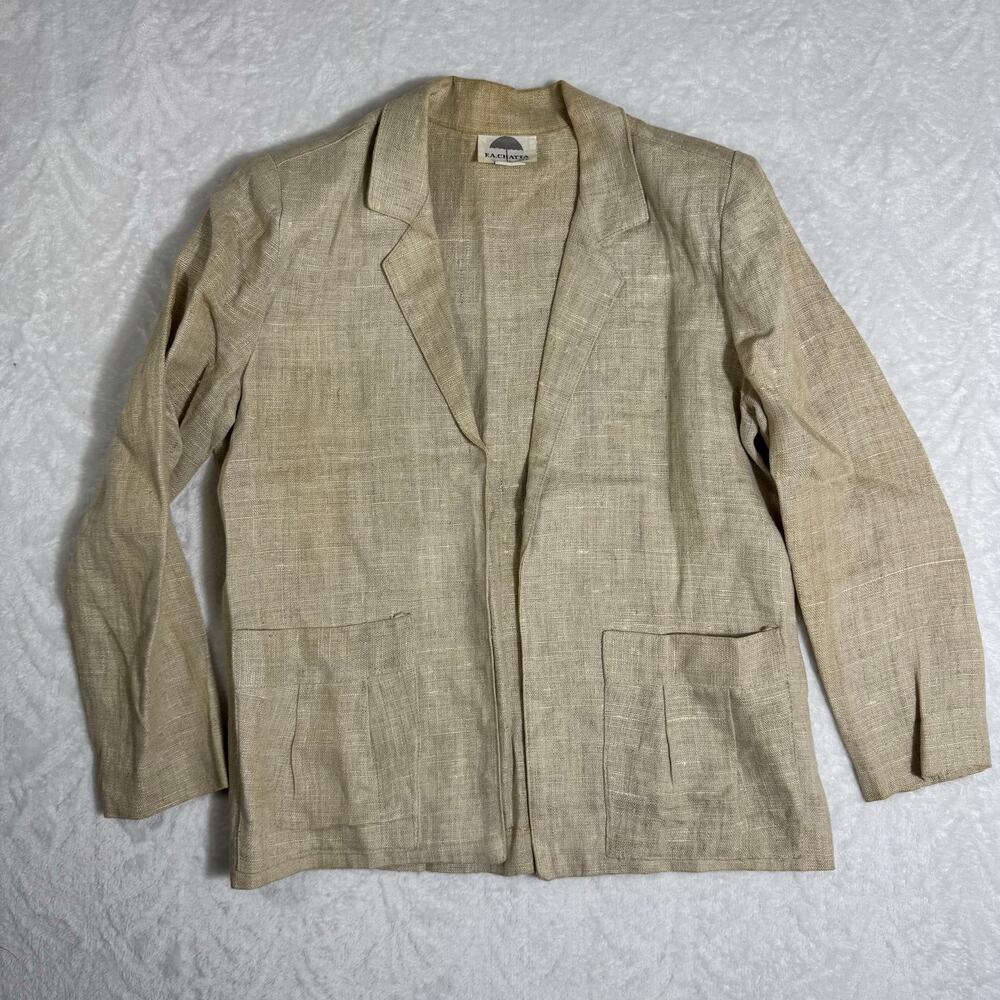 Vintage F.A CHATTA Linen Beige Blazer Open Front Pockets Women's S‎ Shoulder Pad